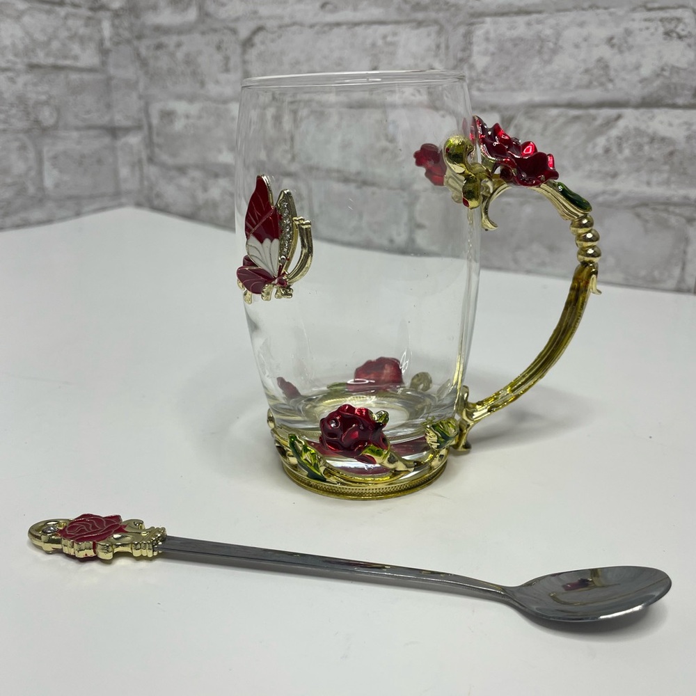ARC France Butterfly Rose Enameled Glass Jeweled Tea Cup w/ Spoon Set Red NWOT